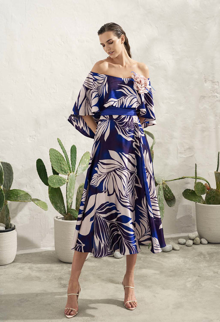 Abito Longuette Svasato Scollo Omerale Fantasia